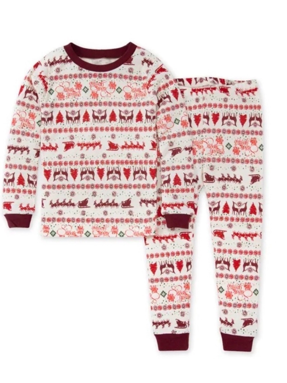 NWT ✨ Burt's Bees Kids Red & Cream Holiday Reindeer Snug-Fit Pajama Set - 8